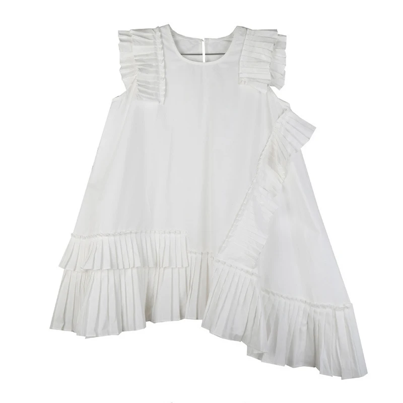 TWOTWINSTYLE Korean Solid Sleeveless Dress For Women O Neck Off Shoulder Oversized Ruffles Asymmetrical Dresses Female