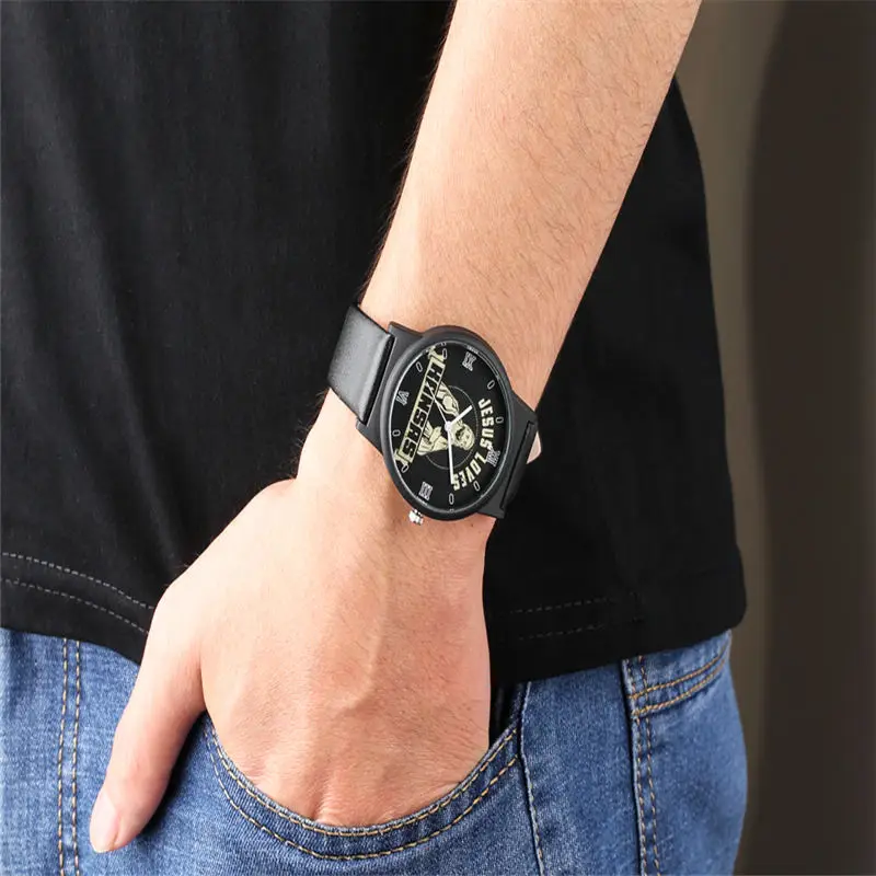 

Men Quartz Watch Classic Jesus Loves Series Mens Watches Black PU Leather Strap Large Dial Male Gift relojes para hombre