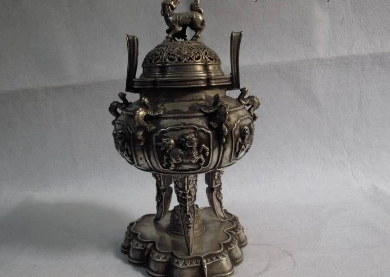 

12 Tibet Buddhism white bronze silver foo dog beast Dragon censer incense burner