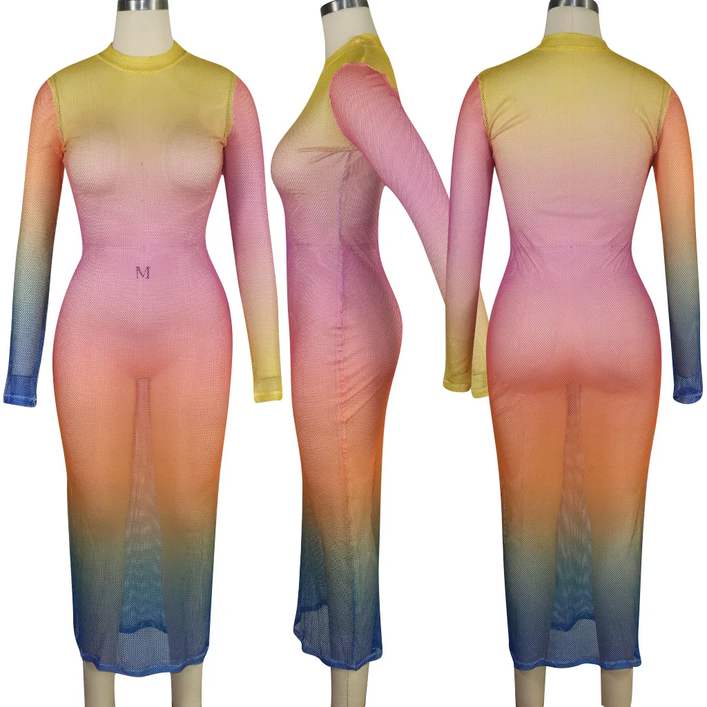 

Fashion 2019 O Neck Summer Sexy long Sleeve Bodycon Mesh See Through Dresses Maxi Beach Party Dresses New Clothing