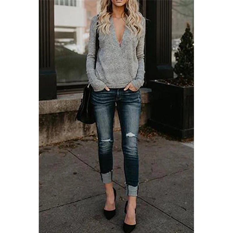 Sexy Pullover Autumn Sweater Femme Jumper Women Solid V-neck Patchwork Soft Material Sweaters For Ladies | Женская одежда
