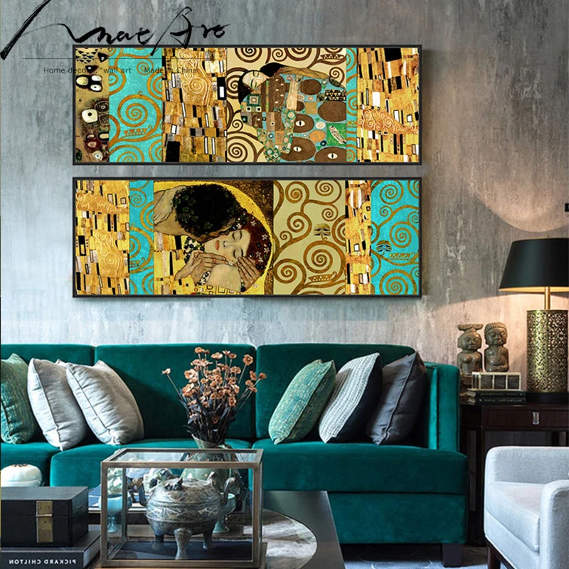 Длинная картина Gustav Klimt прямоугольник поцелуй холст искусство на стену домашний