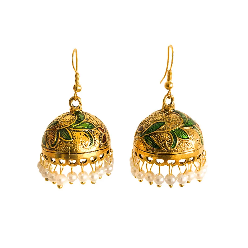 Индийское золото Jhumka пакистанские женские ювелирные изделия богемные ручная роспись племенные Винтажные серьги для женщин Хиппи подарок