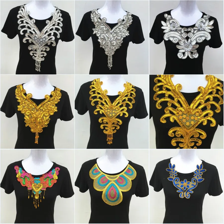 1pc Gold/Silver Beads Sequins Flower Lace Neckline Collar Sewing-On Embroidery Appliques For Dance Costumes Cloth Accessories | Дом и сад