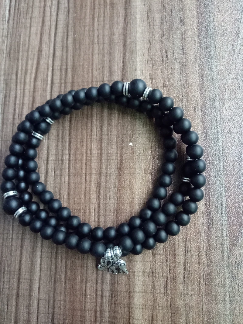 Матовый браслет из черного оникса 108 Mala Beads 4 кругов со слоном подвеска в виде