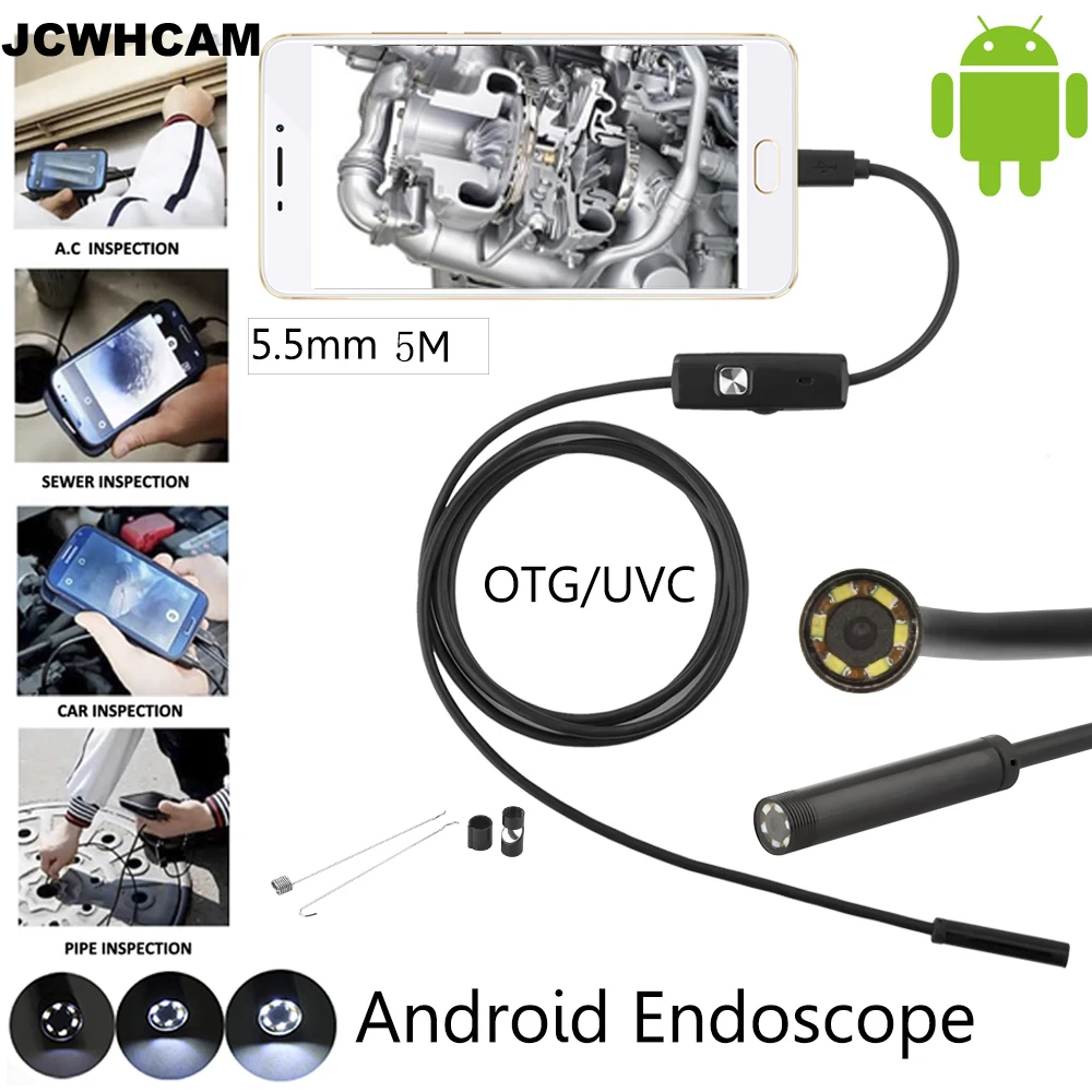 JCWHCAM 5 мм Len 5M Android OTG USB эндоскоп камера Гибкая Змея труба осмотр телефон бороскоп