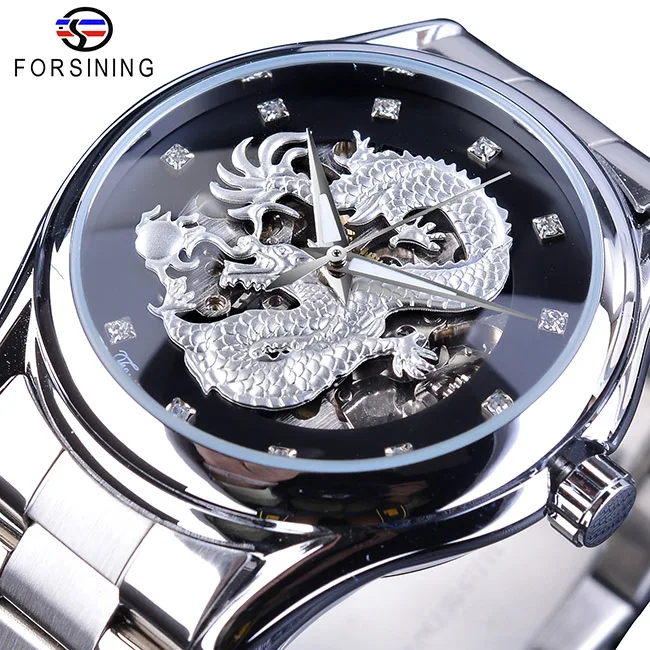 GMT1110-6 Forsining серебряный дракон Скелет автоматические механические мужские наручные часы полный ремешок из нержавеющей стали водонепроницаемые мужские часы - Цвет: GMT1110-6
