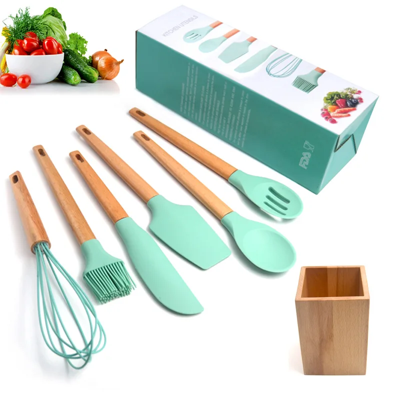 

7pcs/lot non-stick kitchen cooking spoon shovel kitchen spatula cooking shovel spoon tool with wooden seat kitchenware set