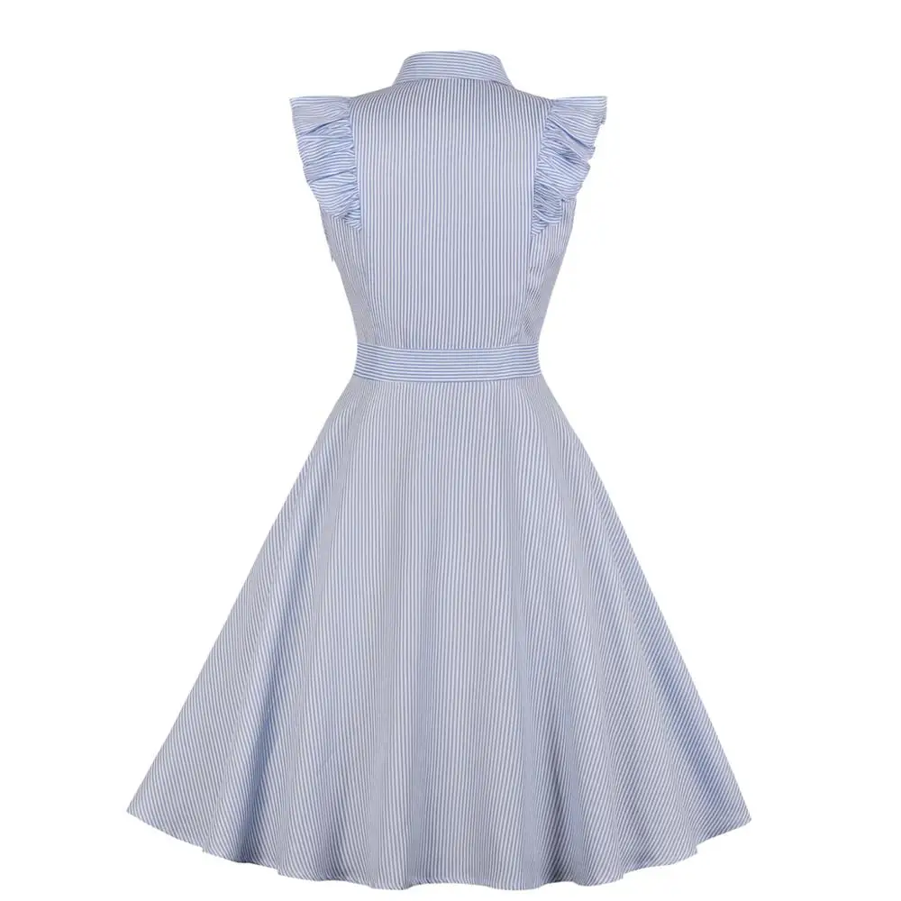Для женщин в Вертикальную Полоску с оборками платье рубашка на пуговицах 1950 50 s