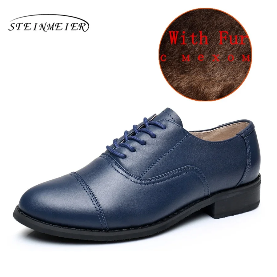 blue with fur Женские дизайнерские винтажные туфли на плоской подошве из натуральной кожи американского размера 11 женские туфли-оксфорды ручной работы с круглым носком на меху красного, зеленого, синего, черного цвета - Цвет: blue with fur