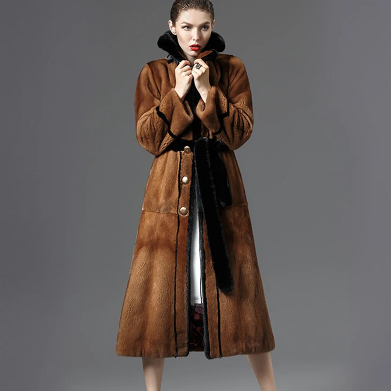 LVCHI Winter 2019 Import Mink Fur Coat Women's Long Sleeve Coat Butterfly Neck Real Natural Fur X-Long Sashes Causal Mink Coats