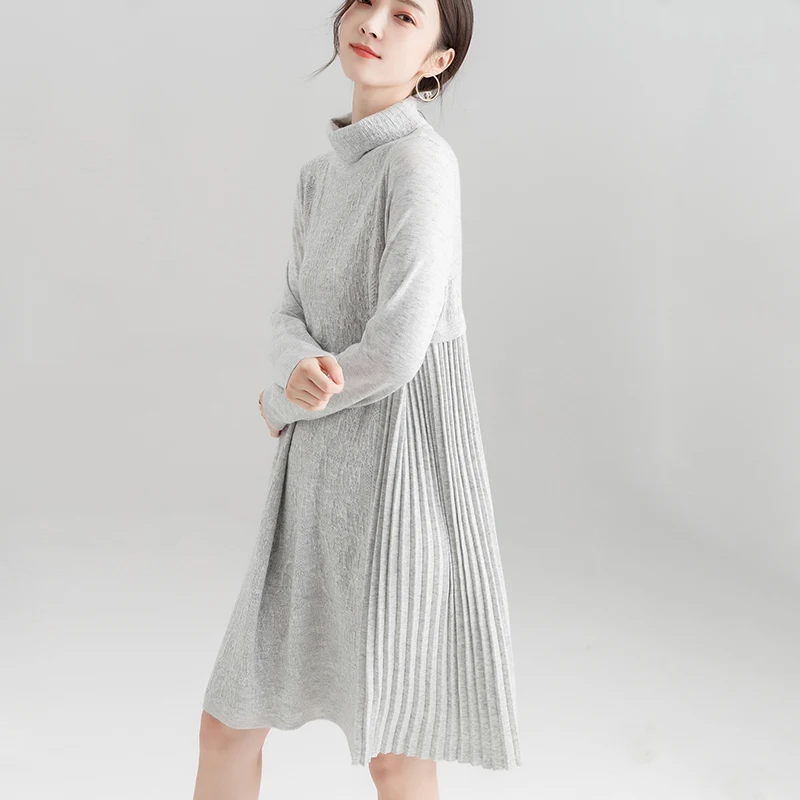 Long Back High-necked Pullover Sweater Dress Autumn Winter Thick Warm Sleeve Solid Wool Loose LJ1014 | Женская одежда