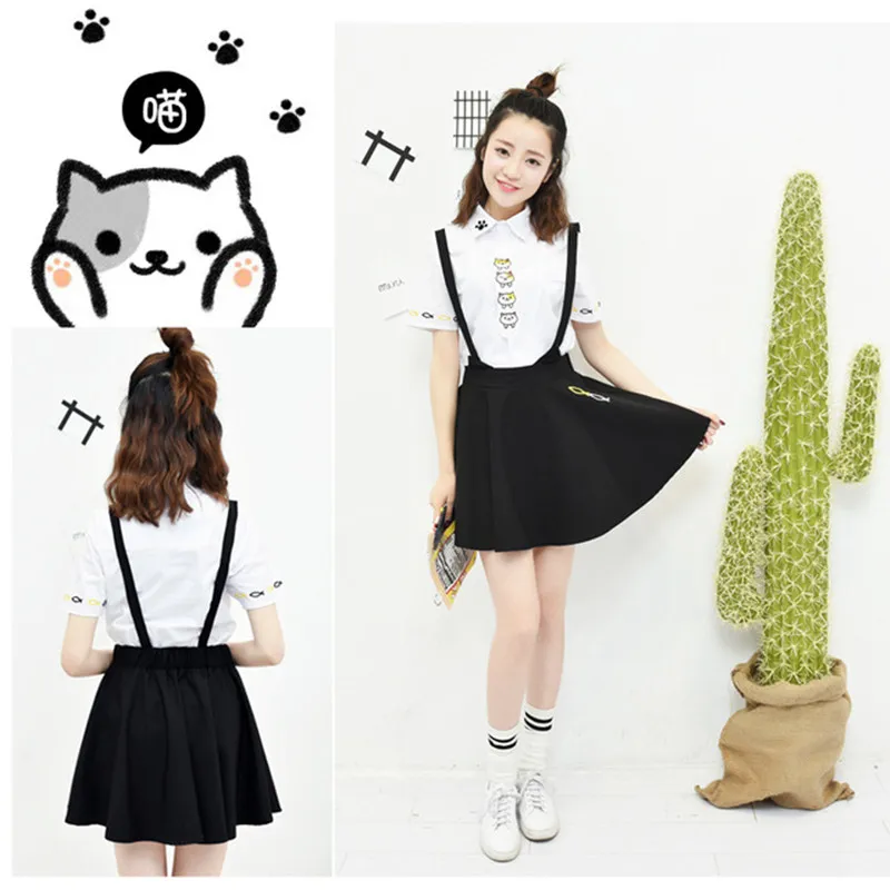 Anime Game Neko Atsume Cosplay costume High Quality Shirt+Suspender Skirt Suit | Тематическая одежда и униформа