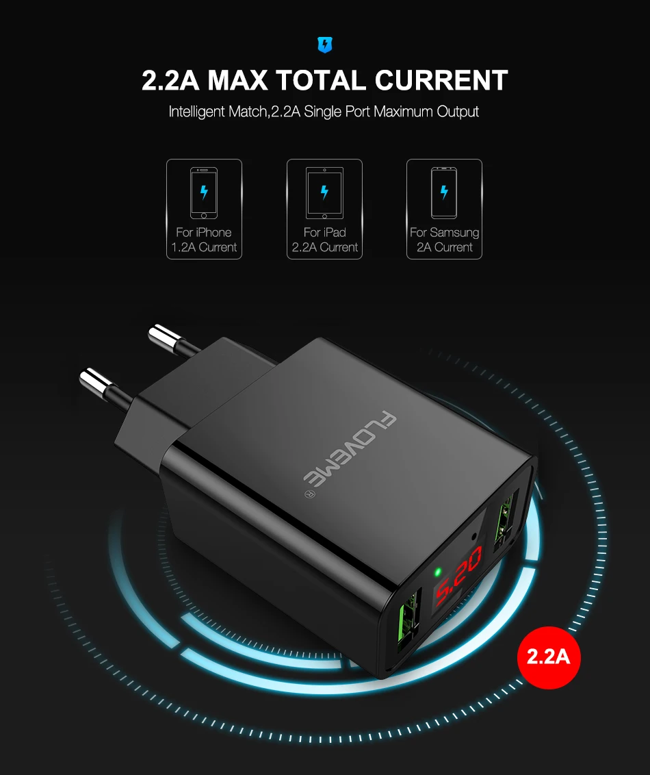 FLOVEME светодиодный дисплей 2 USB зарядное устройство для iPhone iPad Xiao samsung Smart USB ЗУ для мобильного телефона EU Plug Быстрая зарядка настенное зарядное устройство