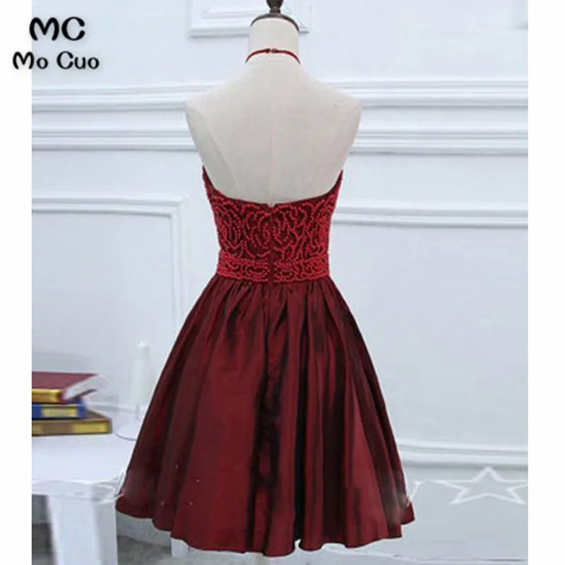 2018 Halter Burgundy Short Graduation Homecoming Dresses with Beaded Zipper Back Cocktail Party Dress for Women | Свадьбы и
