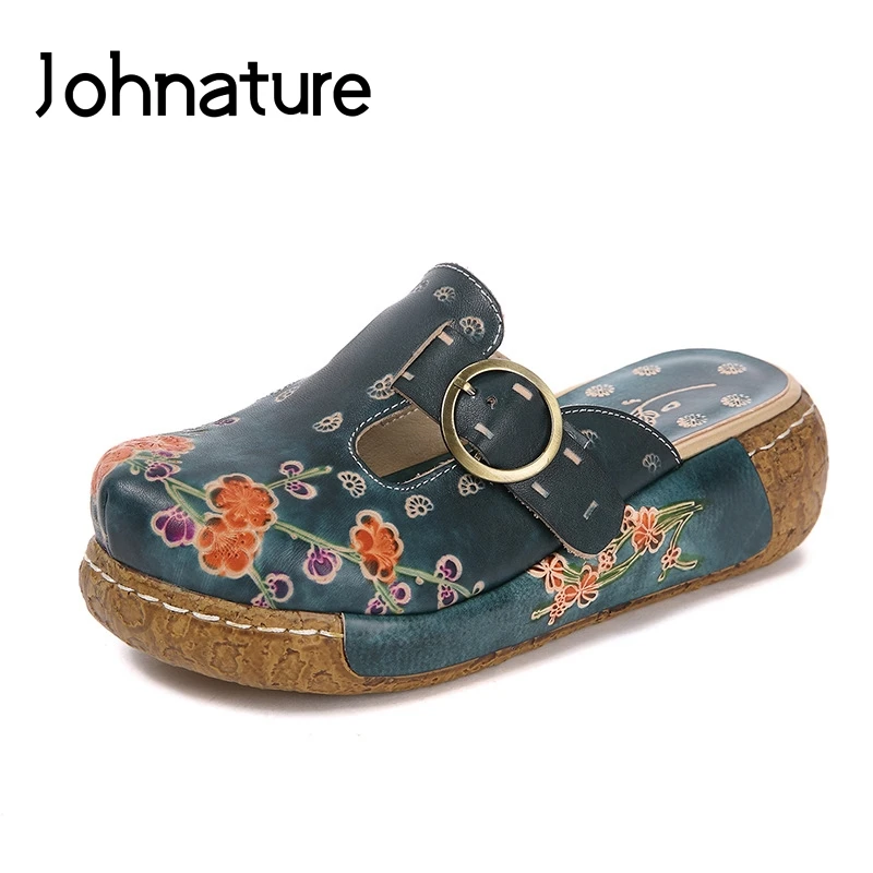 

Женские сандалии на танкетке Johnature, удобные шлепанцы из натуральной кожи, на платформе, с цветами, в стиле ретро, тапочки ручной работы, 2022
