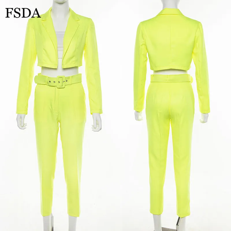 FSDA Neon Suit Set Terno Women Two Piece Set Office V Neck Blazer And Long Pant With Sashes Elegant Long Sleeve Top Spring