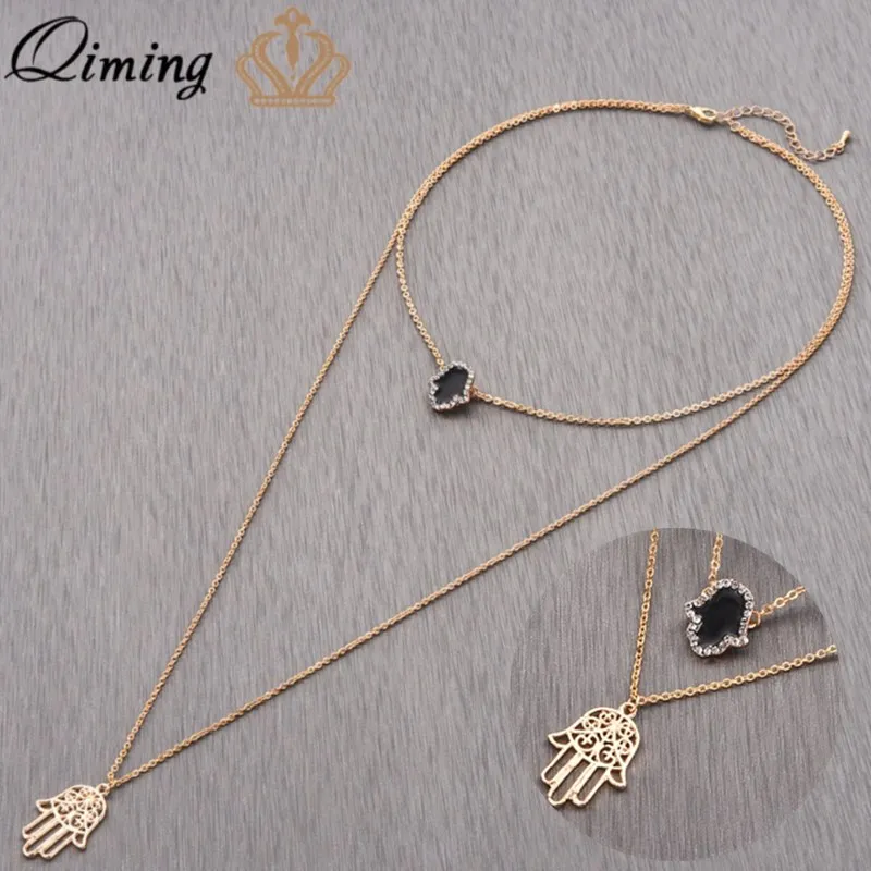 

QIMING Black Crystal Hamsa Necklace Women Gold Hollow Hand Bohemian Jewelry Female Multi Layer Necklace Friends Collar