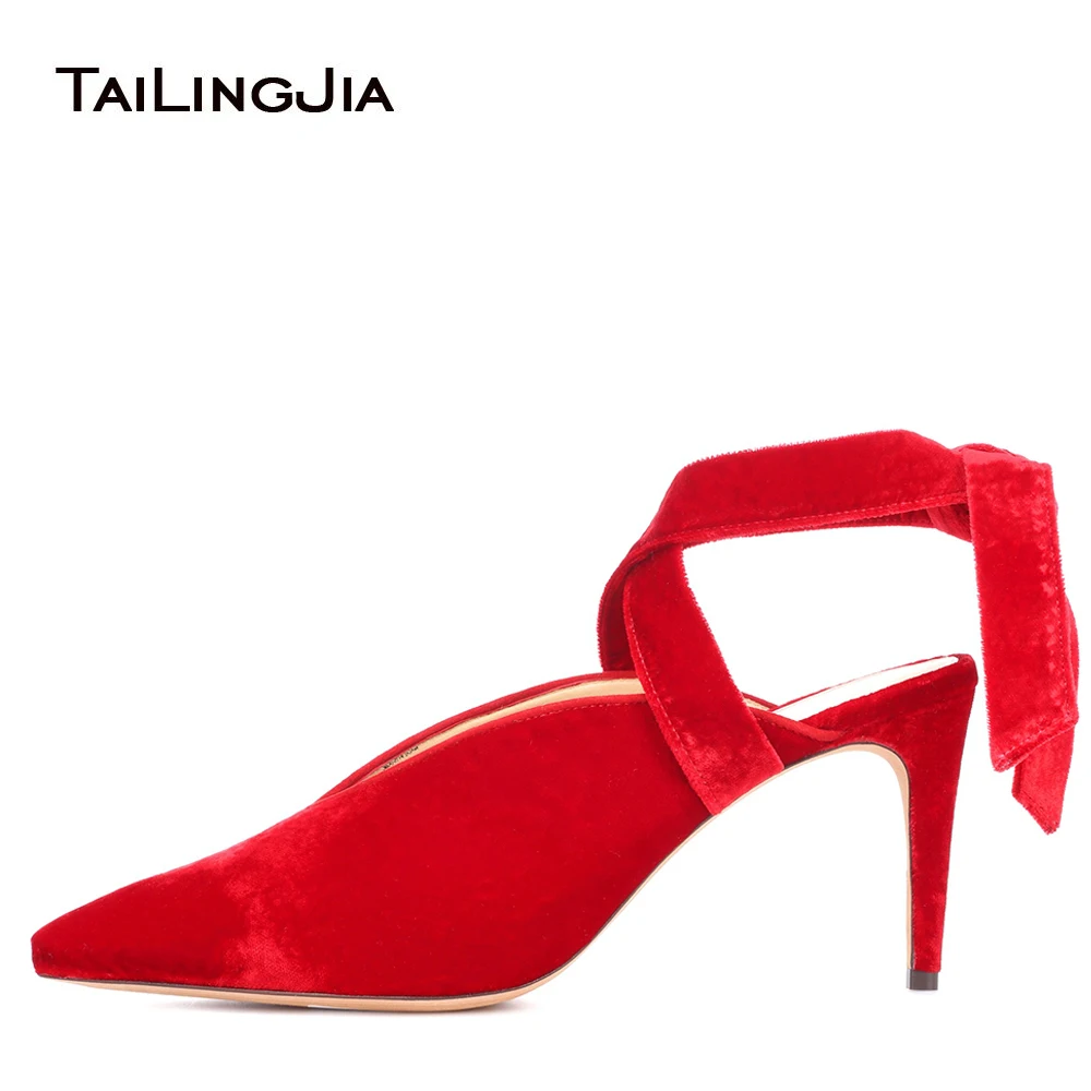 

Pointy High Heel Red Velvet Pumps Women Stylish Ankle Wrapped Slingbacks Black Heeled Shoes Ladies Evening Dress Heels 2022