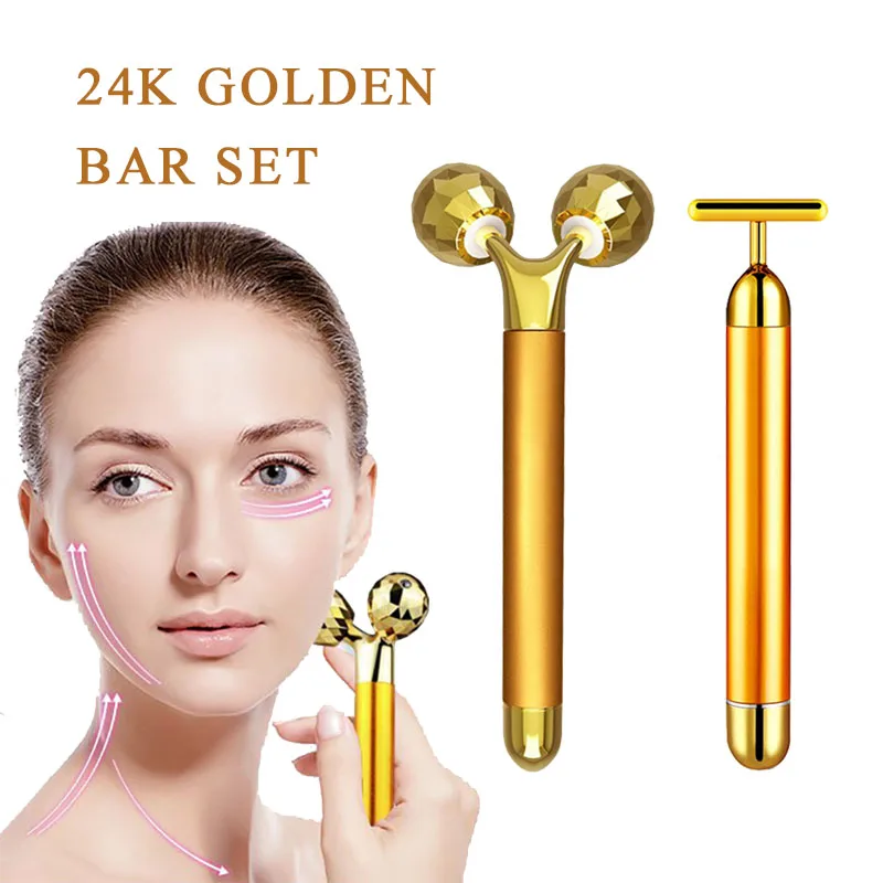 Barra de belleza de oro de 24k, masajeador de vibración Facial 3D, palo de masaje Facial, rodillo de estiramiento de la piel antienvejecimiento, Reduce la papada