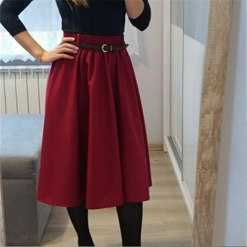 

New Ladies Pleated Skirt Casual Elastic High Waisted Soild Color Belt Midi Skirts Women Summer Loose Underskirt Fashion Hot Sale