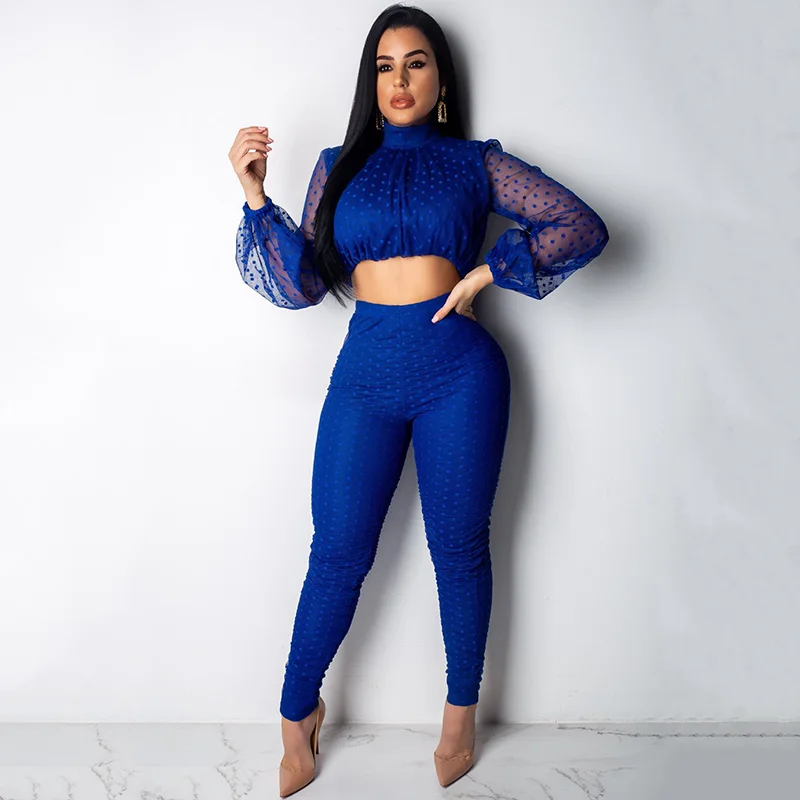 Perspective dot mesh long-sleeved short jacket nine points trousers split two-piece free shipping | Женская одежда