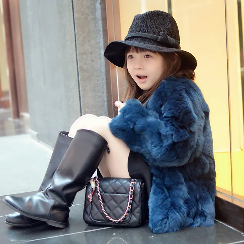 Высокое качество, платье принцессы пальто для девочек на осень-зиму, пальто из настоящего кроличьего меха, плотное детское плюшевое пальто с мехом - Цвет: Синий