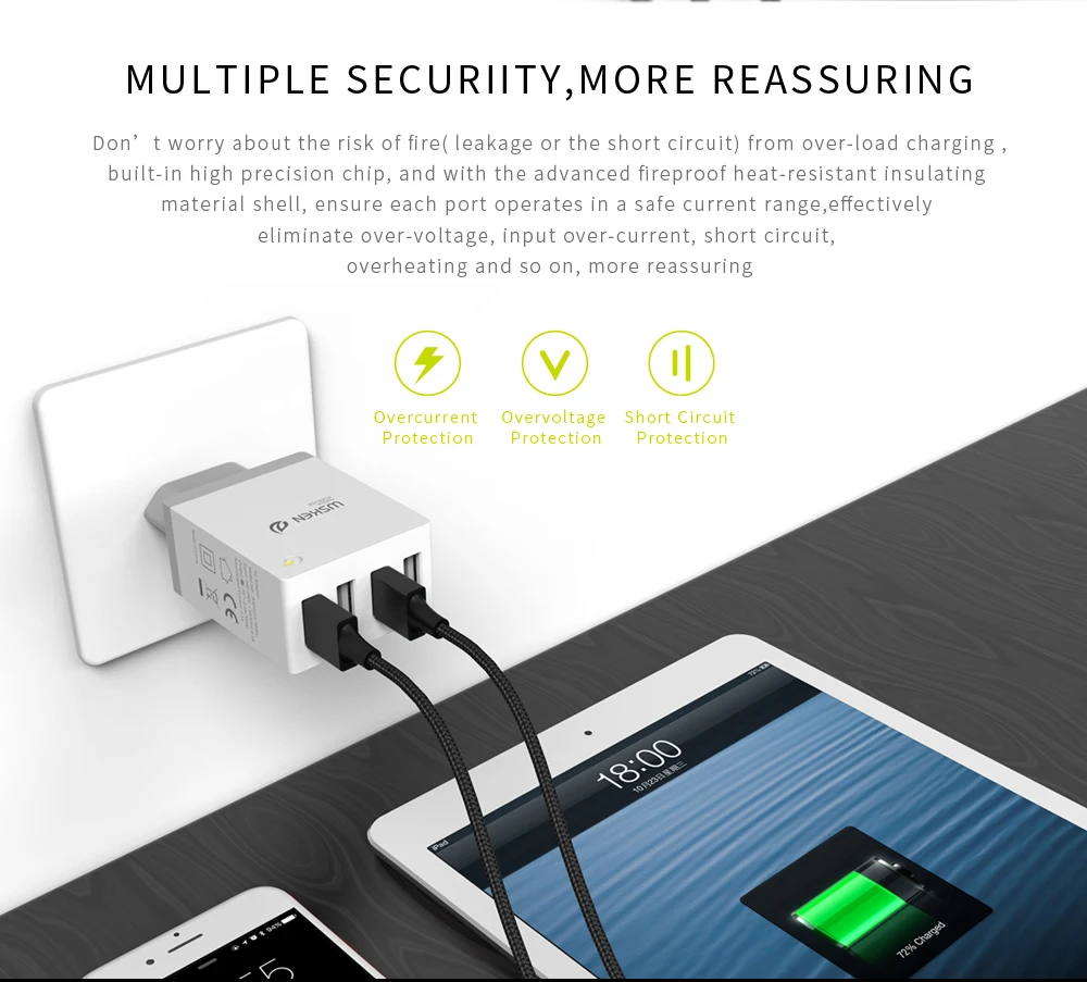 Wsken 4 USB зарядное устройство адаптер для iPhone iPad безопасная 2.1a Быстрая зарядка EU/US/UK вилка путешествия/настенное зарядное устройство для Samsung huawei Xiaomi