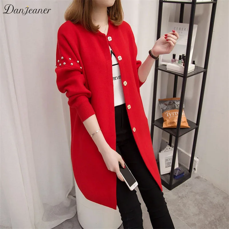 Danjeaner Autumn Winter Long Cardigan Women Sweater 2017 Ladies Sleeve Bead Knitted Slim Cardigans Female Tricot Tops |