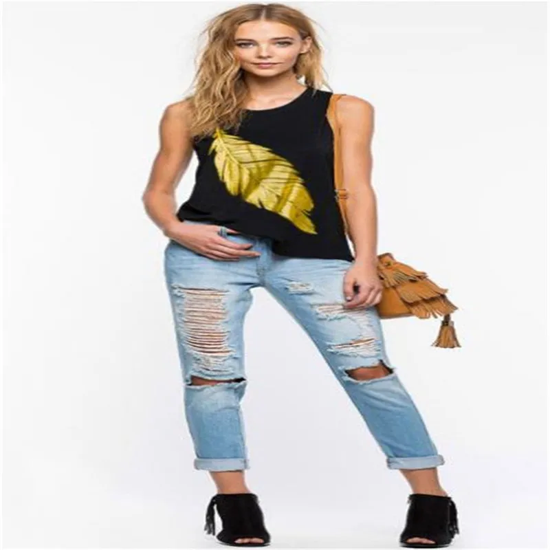 Womens Summer Tshirts Leaf Print Crew Neck Sleeveless Female Tanks Fashion Style Casual Apparel Женская одежда
