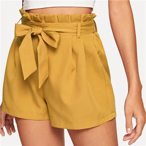 Ginger Dotfashion, однотонные шорты с завязками на талии, женские шорты, летние повседневные шорты, женские модные широкие шорты с высокой талией - Цвет: Ginger