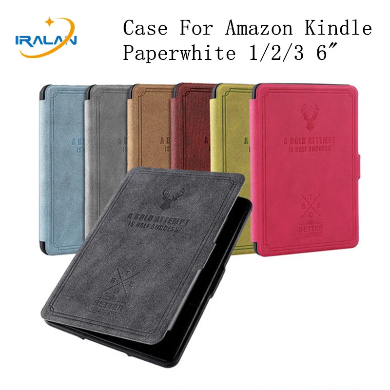 Faux Leather Deer Print Flip Magnetic Cover For Amazon Kindle Paperwhite 123 6.0 inch E-book Soft Silicone Back Case+Film+Stylus