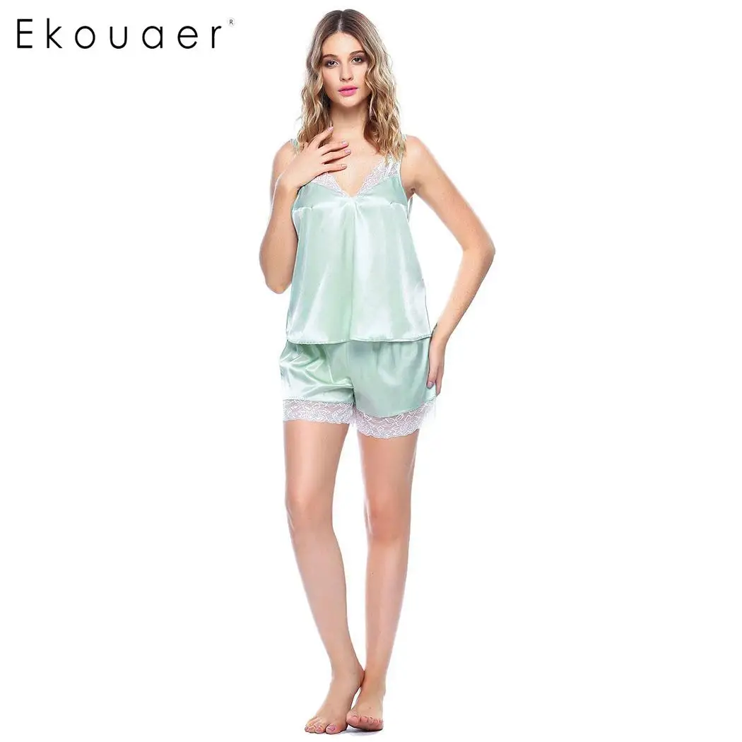Женский пижамный комплект Ekouaer из сатина с тонкими бретельками и