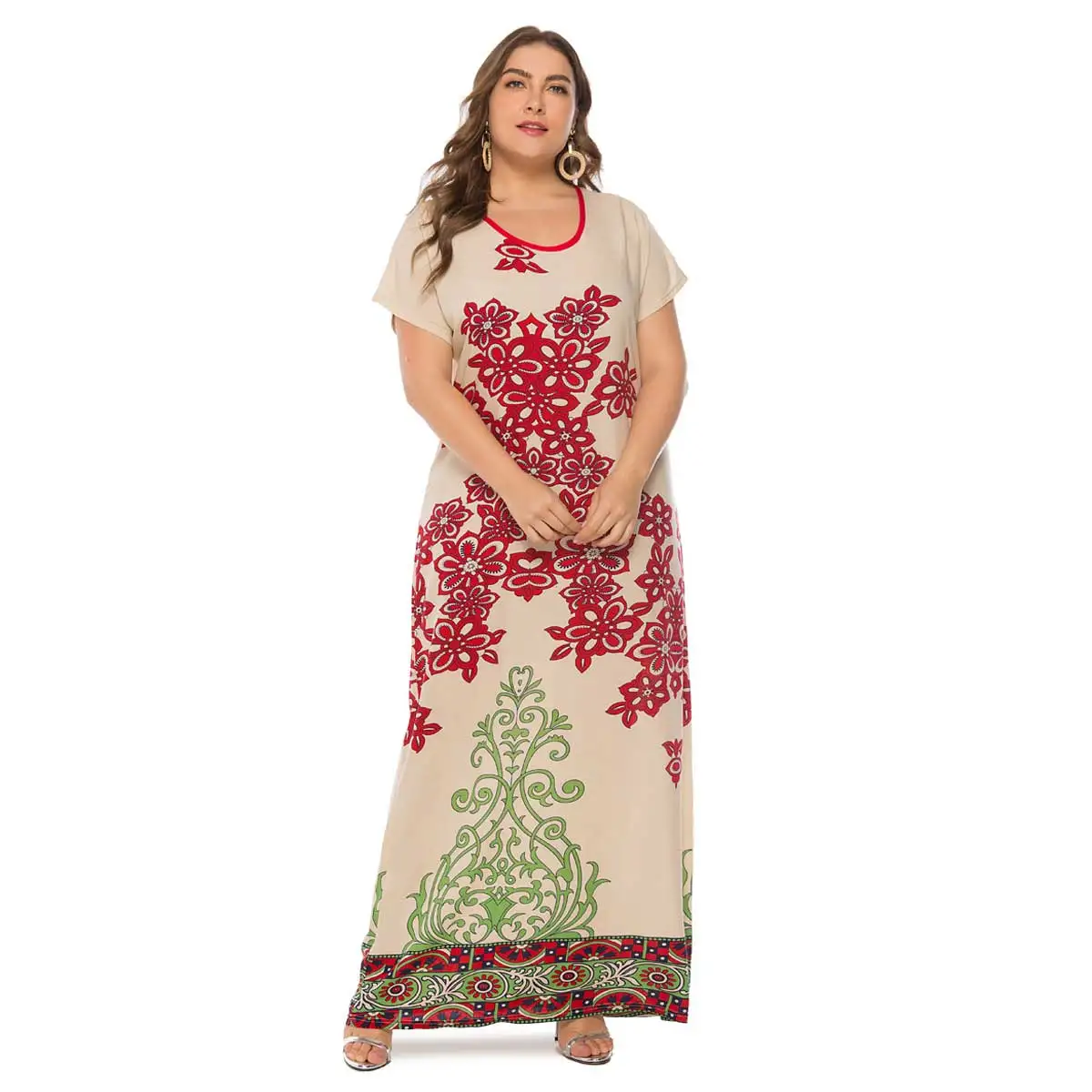 Women Muslim Abaya Maxi Dress Summer Floral Print Loose Bohemian Short Sleeve Kaftan Arab Dressing Gown Jubah Islamic Clothing |