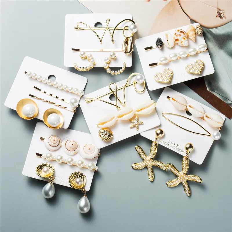 

New Trendy Shell Conch Imitation Pearl Hair Clips for Women Metal Gold Color Heart Starfish Hairpins Earrings Bohemian Clips