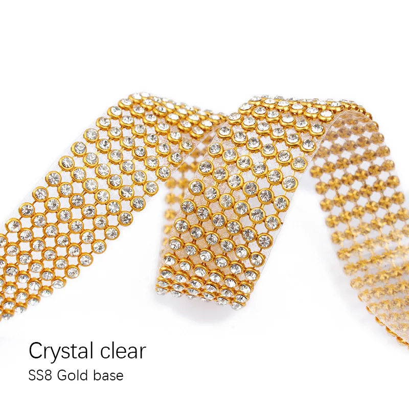 1 ярд 3 ряда кристалл + цвет стразы цепочка для чашки Золотая основа с когтями