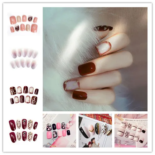 

Leopard/Star/Gradient Color Design 24Pcs Long Square Designs Fake Nail Tips with 2g Glue Sticker Acrylic False Nails