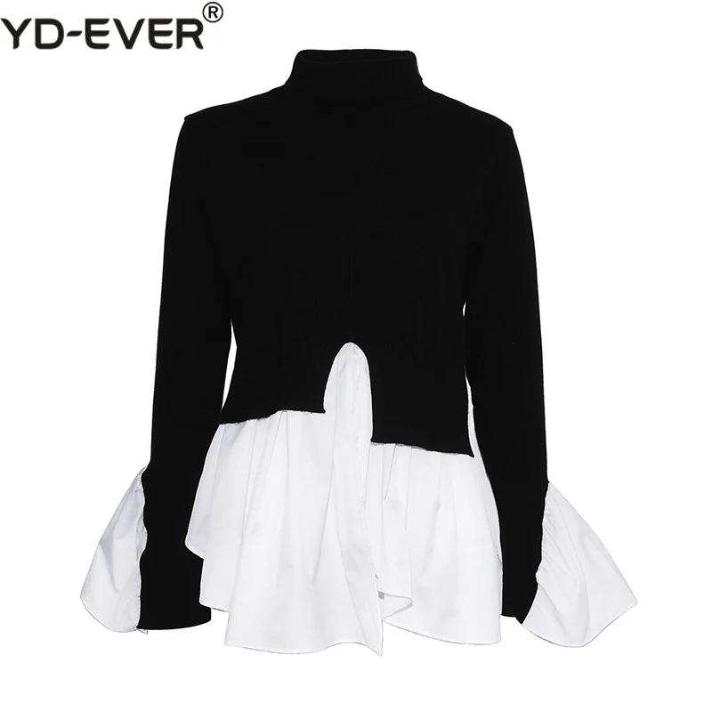 Fake 2 piece Women Sweater Shirts 2019 Spring Turtleneck Flare Sleeve Knitted Pullovers Patchwork White Blouse Irregular Top | Женская