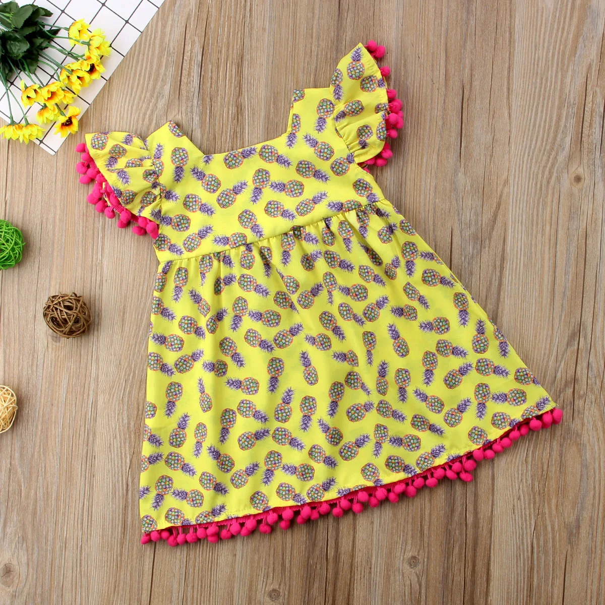 New Sweet Girls Princess Pineapple Printing Dress Child Flying Sleeve Cloth Kids Baby Birthday Party Wedding Summer Dresses | Детская