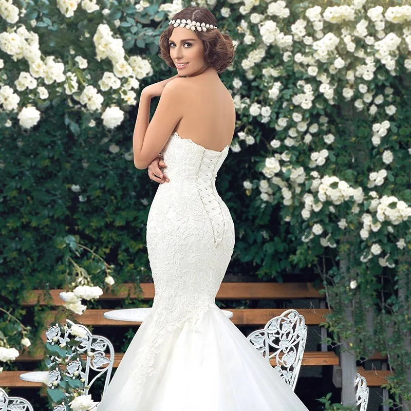 2016 Удивительные Кружева Русалка Свадебные Платья Милая Вверх Назад Vestidos Де Noiva