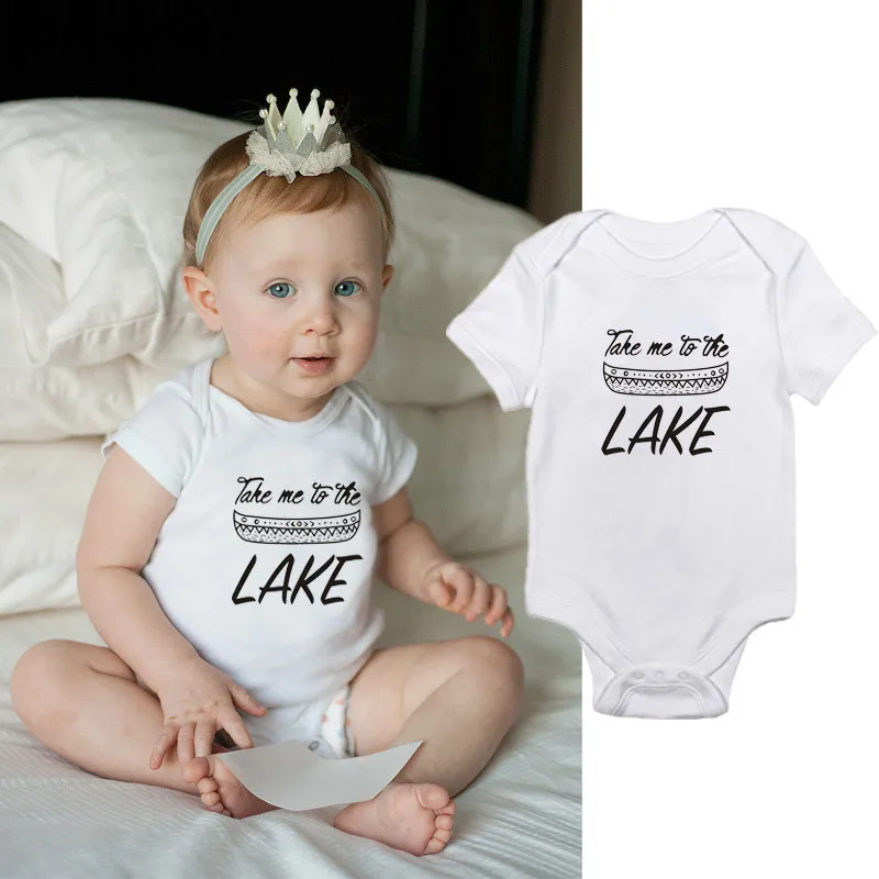 Trajes de verano para beb&eacute;s, monos de manga corta para reci&eacute;n nacidos de 0 a 24 meses, ropa para ni&ntilde;os, trajes de cuello redondo para el sol, con letras "TAKE ME TO THE LAKE"-1