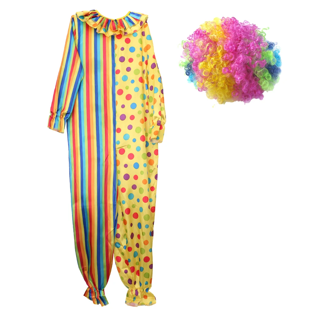 

Circus Clown Joker Jumpsuit Costume Christmas Outfit Colorful Afro Wig Adult