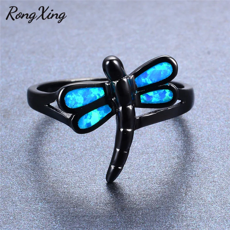Unique Design Animal Rings Aneis for Women/Men Fashion Blue Fire Opal Ring Vintage Black Gold Filled Band Wedding Jewelry RB0835 | Украшения