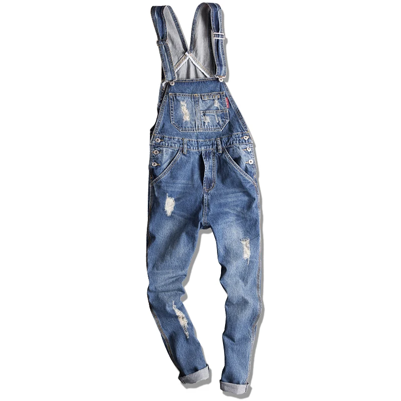 

2018 Bib Overalls Men Ripped Jeans Male Length Denim Jumpsuit Blue