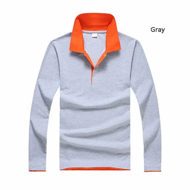 Gray Новинка, стильные мужские поло с длинными рукавами, повседневные мужские рубашки поло с отворотами, одноцветная мужская Тонкая Мода, топы - Цвет: Gray