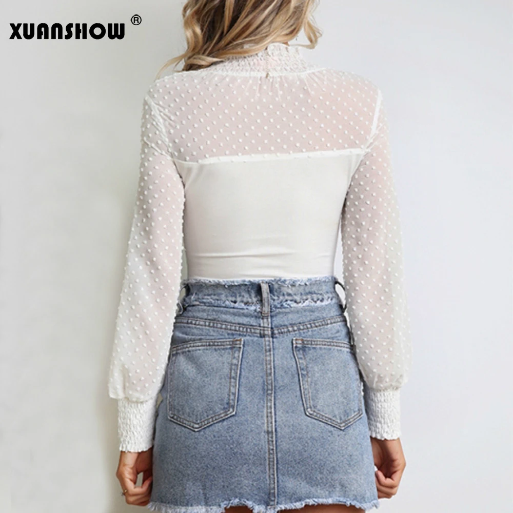 XUANSHOW, чарующие боди для женщин, новинка, летний перспективный комбинезон с длинными рукавами-фонариками, женский комбинезон с высоким воротом, боди Mujer