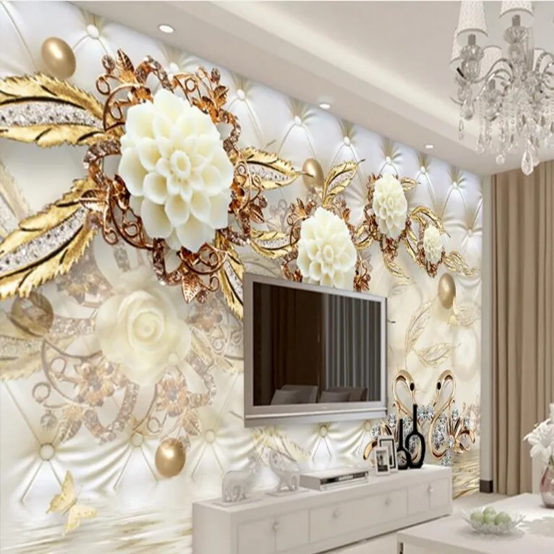 Пользовательские большие фрески 3d роскошные золотые белые цветы мягкая сумка
