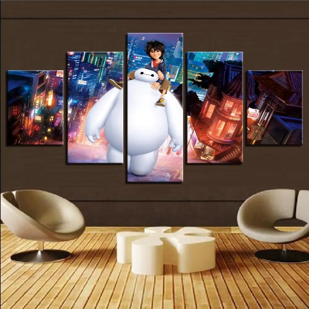5 Pieces HD Cartoon Movie Big Hero in City Art Poster Frame Modern For Living Bedroom Kids Wall Decor Painting on Canvas | Дом и сад