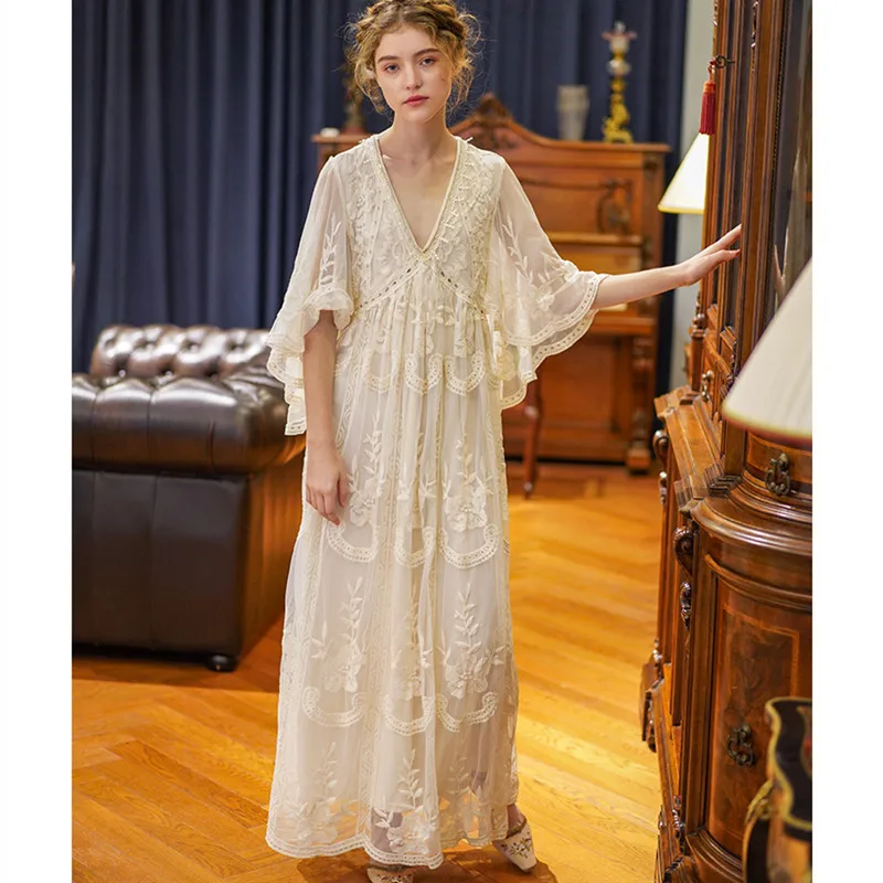 Spring Summer Women Elegant Casual Loose Exquisite Embroidery Lace Rice White Maxi Dress Vintage Mori Girls Long Mesh Dresses
