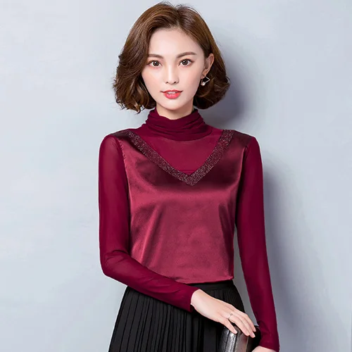 Wine red Осень-зима, женская блузка, имитация шелка, модная, горячая Распродажа, водолазка, плюс бархат, сохраняющая тепло, женская рубашка с сеткой, топы - Цвет: Wine red